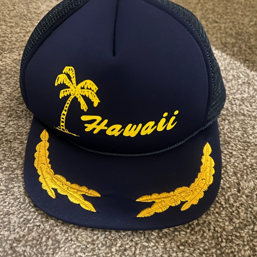 Vintage Navy Hawaii Embroidered Trucker Hat with Gold Accents